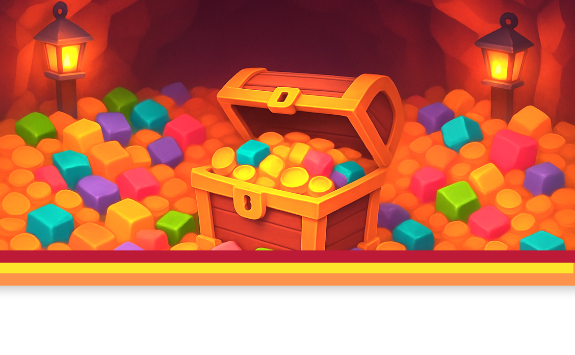 Colors of Treasure chest filled with gold and colorful candy tiles