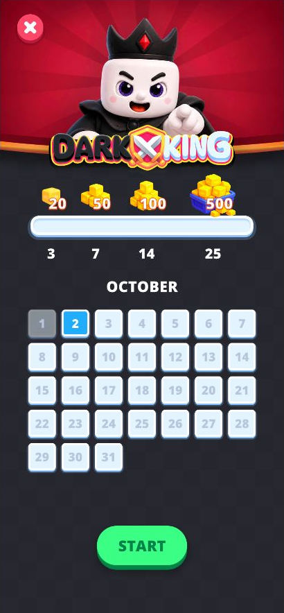 Dark King daily challenge screen with the updated character, reward milestones and calendar
