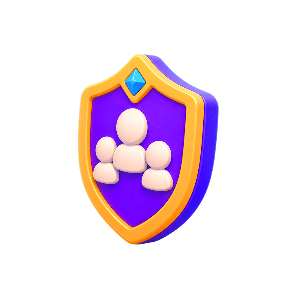 Purple and gold team shield with Mellow figures