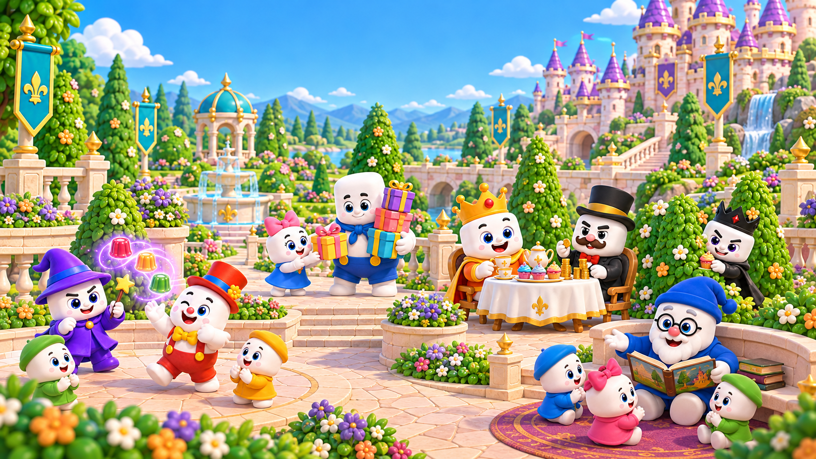Mellow Kingdom characters sharing gifts, tea and stories in the royal gardens