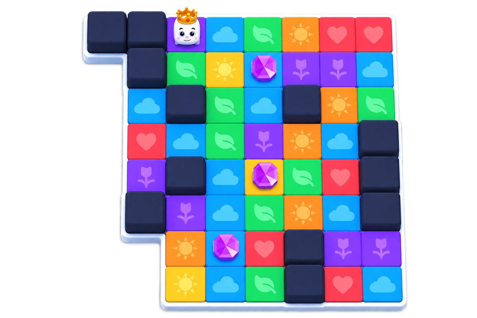 Candy field presentation with patterned colorful tiles, navy walls and purple crystal objects