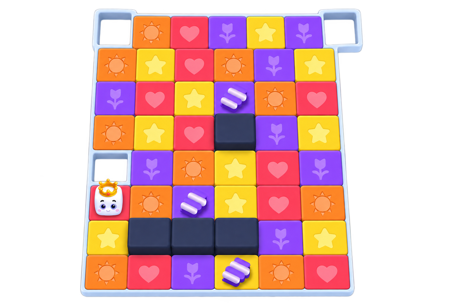 Candy field presentation with heart, sun, flower and star tiles, navy walls and striped candy objects