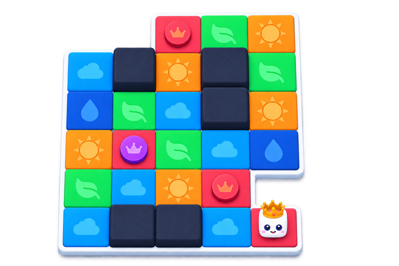 Candy field presentation with drop, cloud and leaf tiles, navy walls and crown-stamped candy objects
